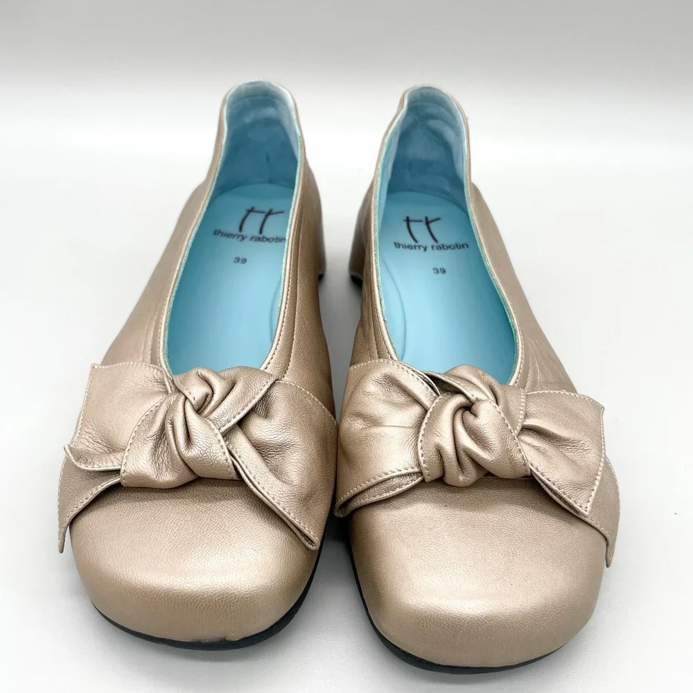 Thierry Rabotin Womens 39 9 Ballerina Bow Square Toe Metallic Champagne Wedge